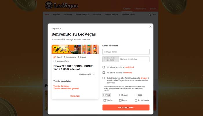 Form di registrazione al sito di Leovegas