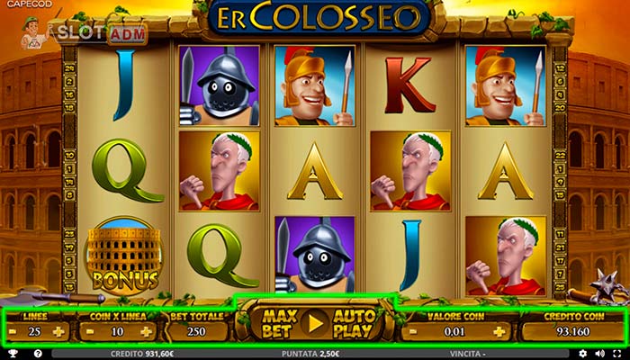Barra dei controlli della slot machine Er Colosseo