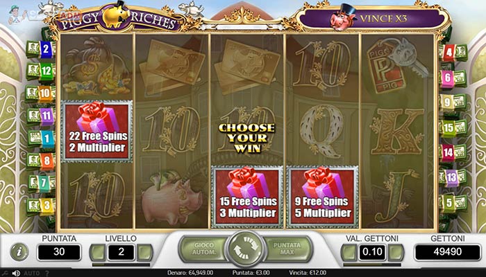 Schermata di selezione dei Freespins nella slot machine Piggy Riches